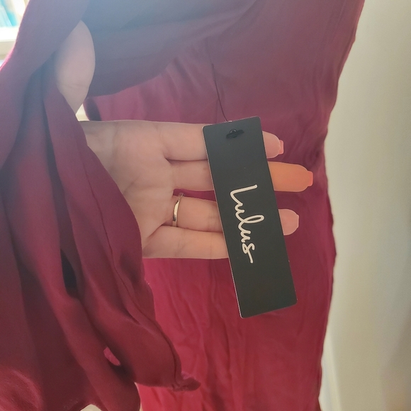 Lulus's Faux Wrap Mini Dress in Wine - Picture 5 of 7
